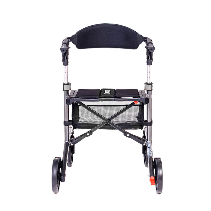 The Triumph Mobility Escape Rollator weighs 15 lbs and features one-handle folding. It has a black seat, mesh basket, four wheels, adjustable handles, and an advanced braking system for enhanced mobility assistance.