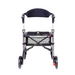 The Triumph Mobility Escape Rollator weighs 15 lbs and features one-handle folding. It has a black seat, mesh basket, four wheels, adjustable handles, and an advanced braking system for enhanced mobility assistance.