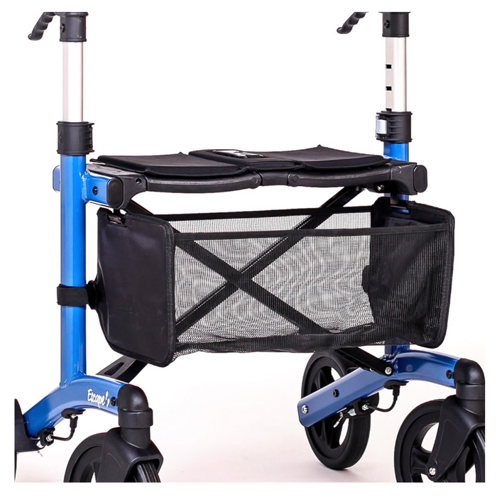 A detailed look at the Triumph Mobility Escape Rollator, showcasing its advanced braking system and compact foldable design. It features two handles, four black wheels, a soft seat, and a black netted storage bag. The walker is displayed against a plain white background.