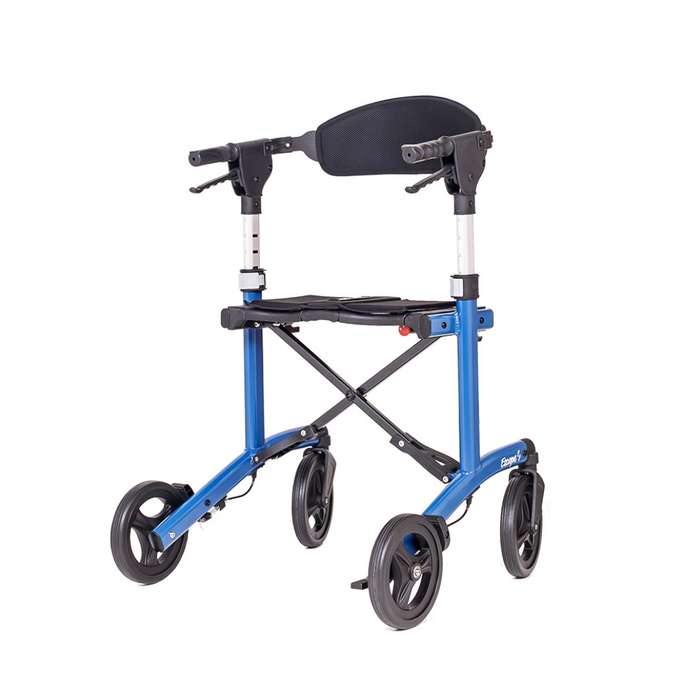 The Triumph Mobility Escape Rollator is a blue, lightweight walker with four wheels, adjustable padded backrest, ergonomic handles, and an advanced braking system. It weighs only 15 lbs and has a compact folding design for easy storage and transport.