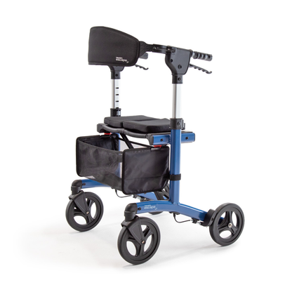 The Triumph Mobility Escape Rollator features a blue frame, four black wheels, padded seat and backrest, adjustable handles, black mesh storage pouch, and a compact one-handle fold—lightweight at only 15 lbs for comfort anywhere you go.