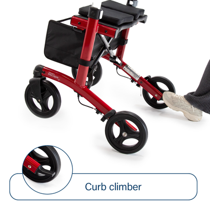 A close-up shows the Triumph Mobility Escape Rollator – One Handle Fold, only 15 lbs, with black wheels and a curb climber. A person’s foot presses the rear bar, making it easy to lift the rollator over a curb.