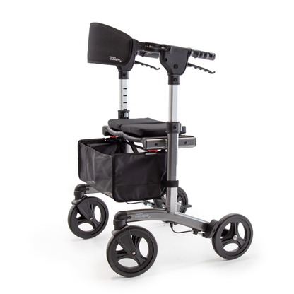 The Triumph Mobility Escape Rollator features a lightweight 15-lb frame, one-handle folding, large wheels, padded seat, hand brakes, and a convenient black storage pouch—ideal for easy mobility and compact transport.