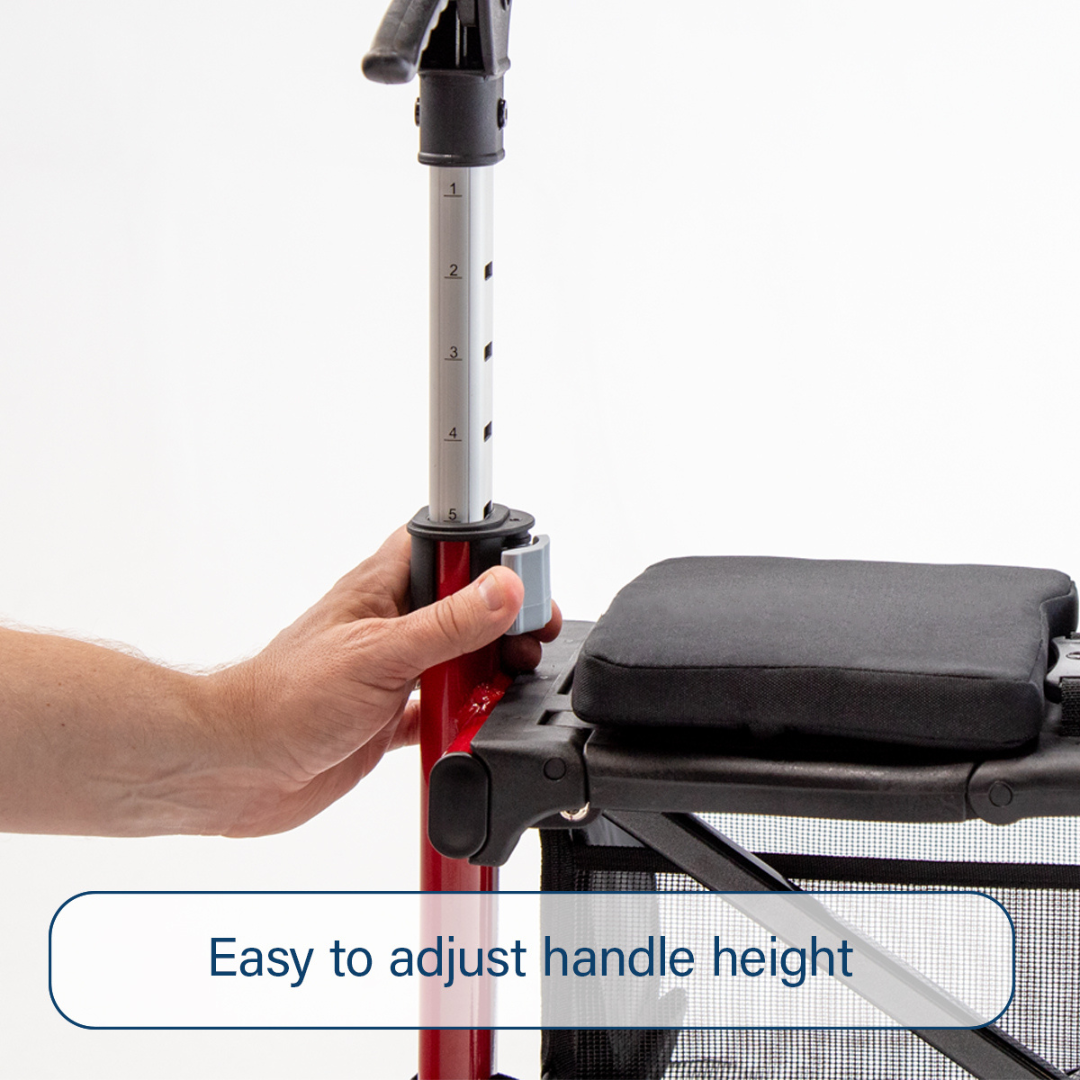 A hand adjusts the height of a Triumph Mobility Escape Rollators - One Handle Fold handle using a numbered scale; a black cushioned seat is attached. Text: Easily adjust handle height on this 15 lb lightweight rollator.