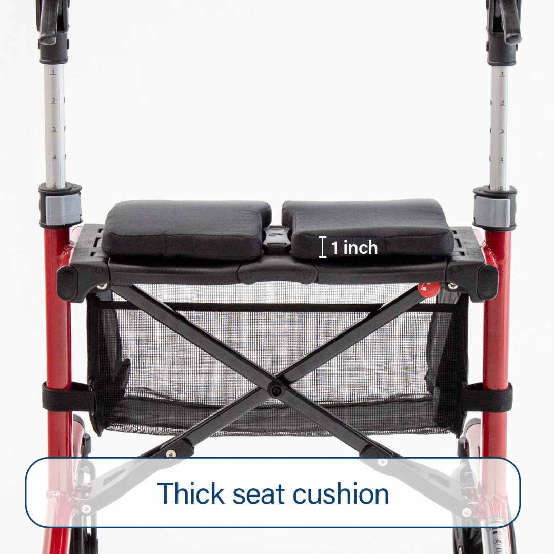 A close-up of the Triumph Mobility Escape Rollator shows a 1-inch thick black seat cushion above a mesh basket, with "Thick seat cushion" displayed at the bottom.