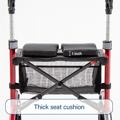 A close-up of the Triumph Mobility Escape Rollator shows a 1-inch thick black seat cushion above a mesh basket, with "Thick seat cushion" displayed at the bottom.