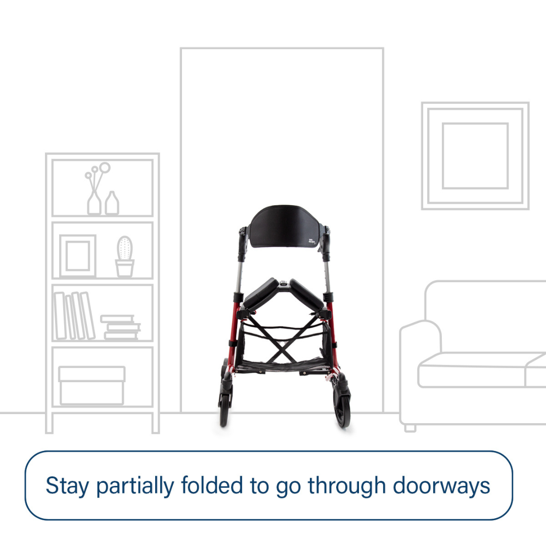 A Triumph Mobility Escape Rollator - One Handle Fold, only 15 lbs, stays partially folded to fit easily through doorways in a simple room illustration.
