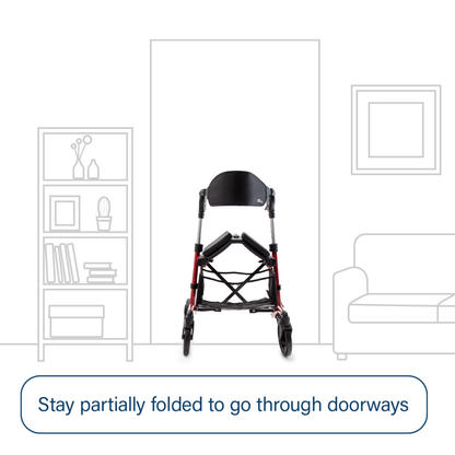 A Triumph Mobility Escape Rollator - One Handle Fold, only 15 lbs, stays partially folded to fit easily through doorways in a simple room illustration.