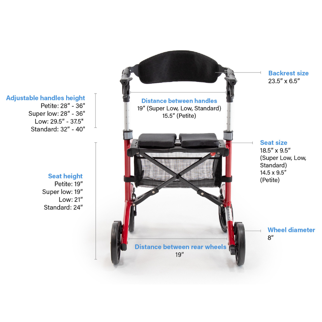 Front view of Triumph Mobility Escape Rollators - One Handle Fold, just 15 lbs, in red. Labeled measurements: adjustable handle and seat height, backrest size, distance between handles and rear wheels, seat size, and wheel diameter. White background.