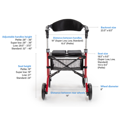 Front view of Triumph Mobility Escape Rollators - One Handle Fold, just 15 lbs, in red. Labeled measurements: adjustable handle and seat height, backrest size, distance between handles and rear wheels, seat size, and wheel diameter. White background.