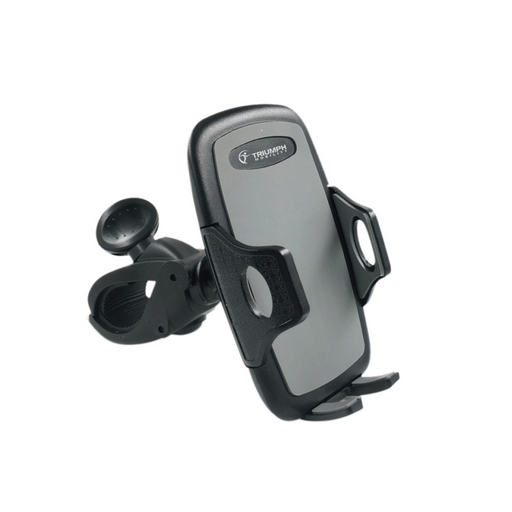 The Triumph Mobility Accessories for Escape Rollators includes a black and gray phone holder with adjustable grips and handlebar clamp, designed to securely hold your smartphone during rides or mobility activities.