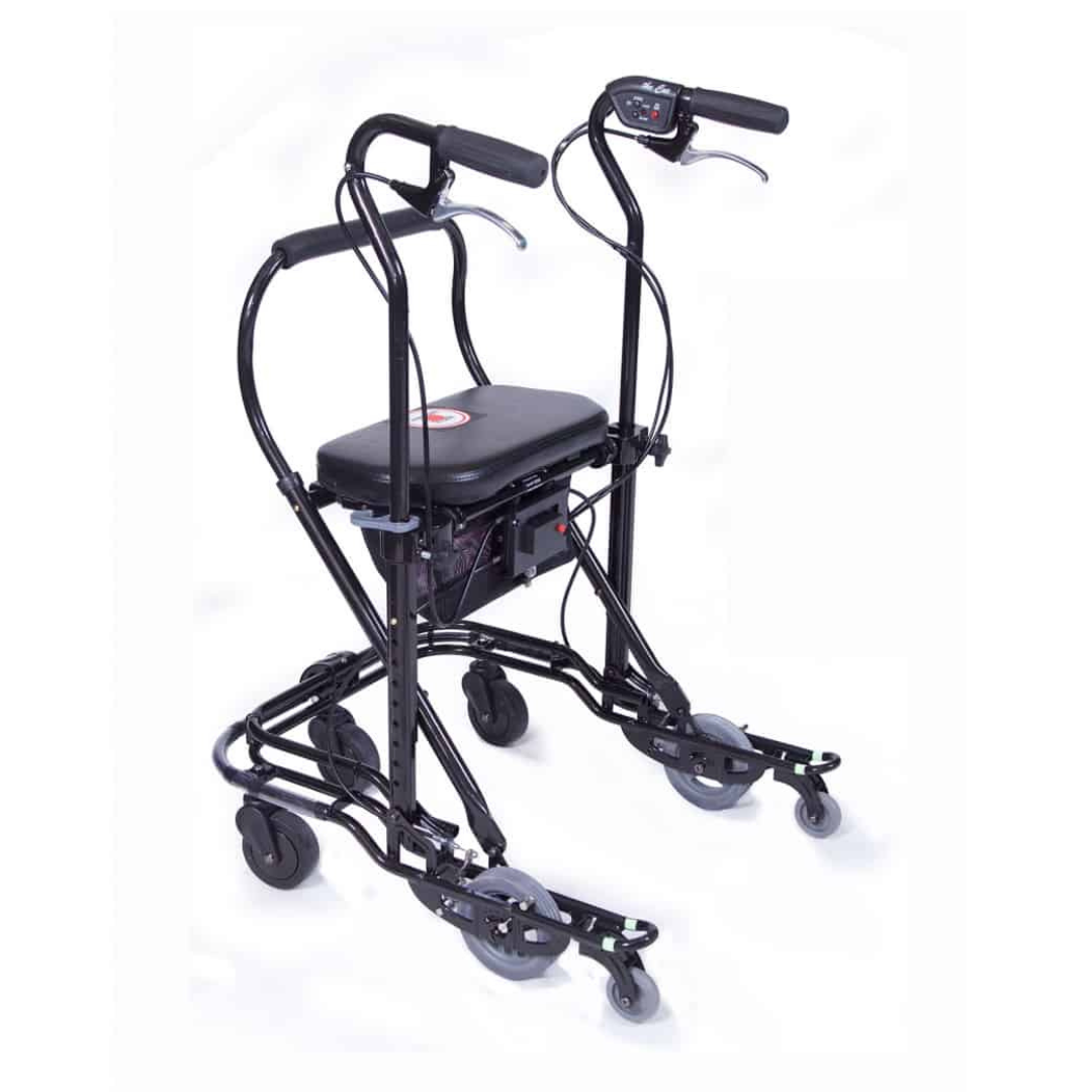 The U-Step Neuro Walking Stabilizer is a lightweight black rollator with four wheels, a padded seat, handlebars with controls, small display, and a reverse braking system, designed for individuals with neurological conditions.