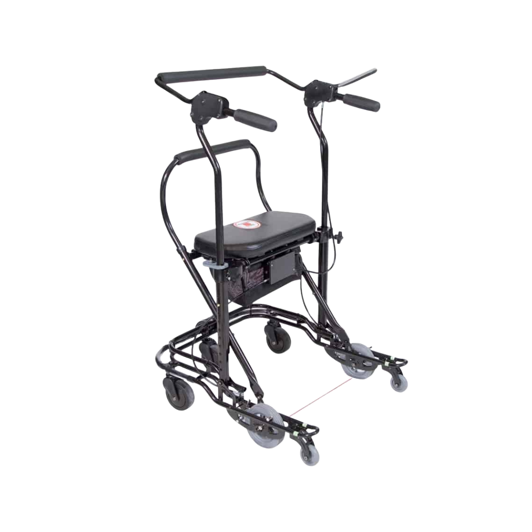 The U-Step Neuro Walking Stabilizer - Rolling Walker with Reverse Braking is a black walker with four wheels, handlebars, a padded seat, and frame-mounted footrests, designed to aid stability for those with neurological conditions.