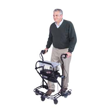 A man smiles while holding a U-Step Walker equipped with the In-Step Home Caddy Kit, featuring a built-in seat, walker basket, and storage tray, against a white background.
