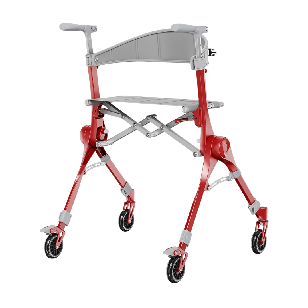 A modern red and gray Ultra-Compact PackGo Rollator Walker with Backpack | VOCIC Z35, featuring four wheels, armrests, a curved backrest, and a built-in seat, designed for mobility assistance.