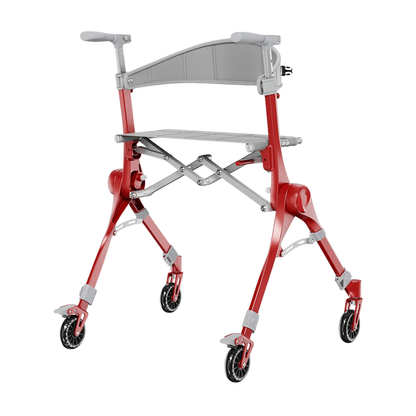 A modern red and gray Ultra-Compact PackGo Rollator Walker with Backpack | VOCIC Z35, featuring four wheels, armrests, a curved backrest, and a built-in seat, designed for mobility assistance.