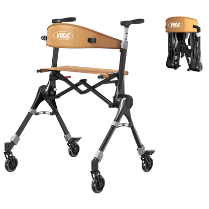 Lightweight brown and black Ultra-Compact PackGo Rollator Walker with Backpack | VOCIC Z35 features four wheels and a supportive seat. An inset displays the rollator in its compact, folded position for easy storage or transport.