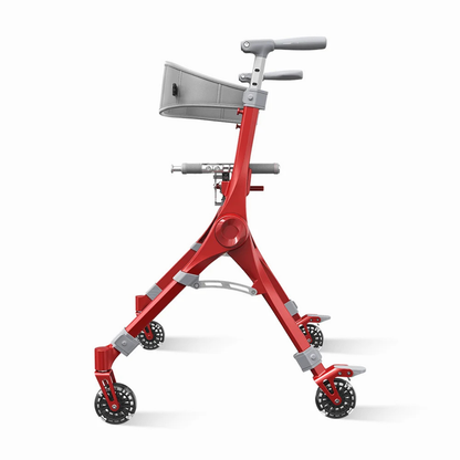 A modern red Ultra-Compact PackGo Rollator Walker with Backpack, VOCIC Z35, featuring four wheels, ergonomic handles, and a gray storage pouch attached to the front. The foldable design ensures it is lightweight and easy to transport.