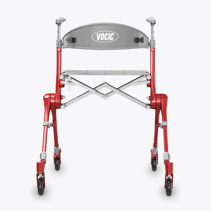 A red and silver Ultra-Compact PackGo Rollator Walker with four wheels, a gray backrest, and an included backpack—labeled VOCIC Z35—is shown from the front against a plain background.
