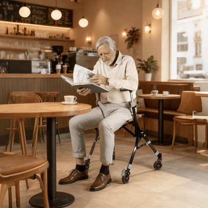 An older man sits on a Ultra-Compact PackGo Rollator Walker with Backpack | VOCIC Z35 in a cozy café, reading a book and enjoying a cup of coffee. Warm lighting and modern décor create a relaxed atmosphere.