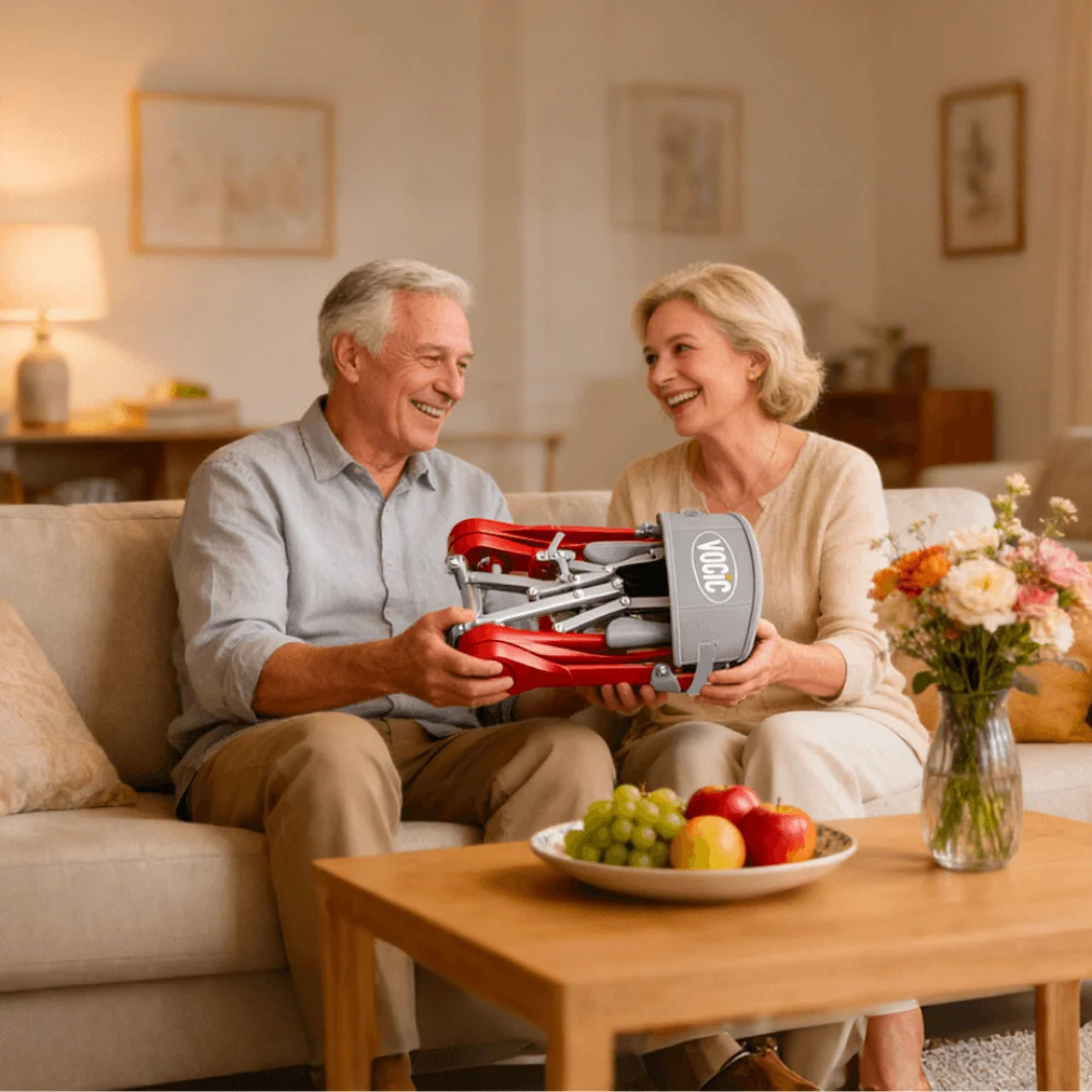 An older man and woman sit smiling on a couch in a cozy living room, holding the Ultra-Compact PackGo Rollator Walker with Backpack | VOCIC Z35 together. A table with fruit and flowers sits in front of them.