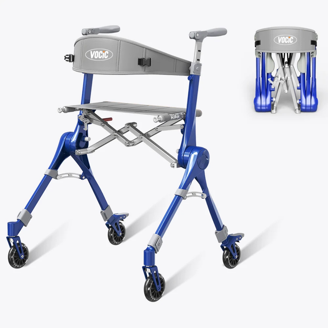 Certainly! Here’s a rewritten version of your sentence using the provided product data: A blue Ultra-Compact PackGo Rollator Walker with Backpack, featuring four wheels, a grey backrest with the VOCIC Z35 label, and a seat. An inset displays the VOCIC Z35 PackGo Rollator folded into a compact size for convenient storage or transport.
