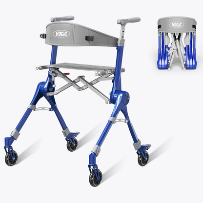 Certainly! Here’s a rewritten version of your sentence using the provided product data: A blue Ultra-Compact PackGo Rollator Walker with Backpack, featuring four wheels, a grey backrest with the VOCIC Z35 label, and a seat. An inset displays the VOCIC Z35 PackGo Rollator folded into a compact size for convenient storage or transport.