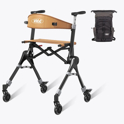 An Ultra-Compact PackGo Rollator Walker with Backpack | VOCIC Z35, featuring a brown seat and black frame, is displayed next to its matching black carrying bag on a white background.