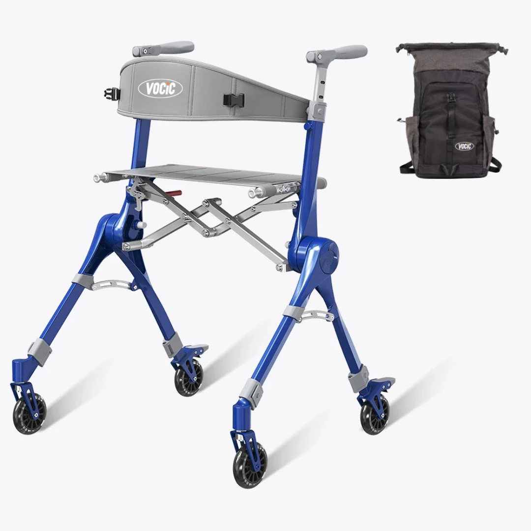 A blue Ultra-Compact PackGo Rollator Walker with four wheels, featuring a gray VOCIC Z35 backrest and a matching black backpack displayed on the side.
