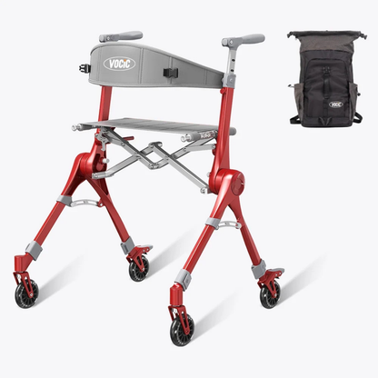 Ultra-Compact PackGo Rollator Walker with Backpack | VOCIC Z35, featuring a red foldable frame, gray backrest, four wheels, and shown alongside the included black VOCIC Z35-branded backpack.