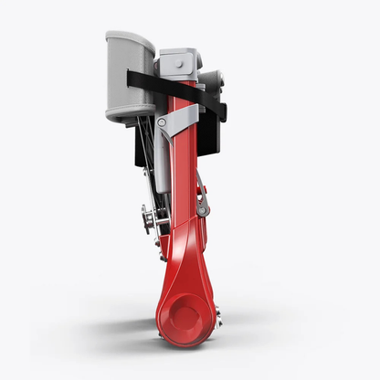 A red-and-silver mechanical device with gears and a gray cylindrical component, fastened with a black strap—and echoing the innovative design of the Ultra-Compact PackGo Rollator Walker with Backpack | VOCIC Z35—is shown vertically against a simple white background.