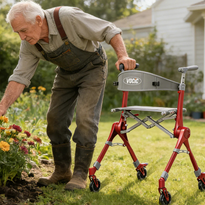 An elderly man in overalls tends to flowers in a garden, using a red and silver Ultra-Compact PackGo Rollator Walker with Backpack | VOCIC Z35 for support on a sunny day in front of a house.