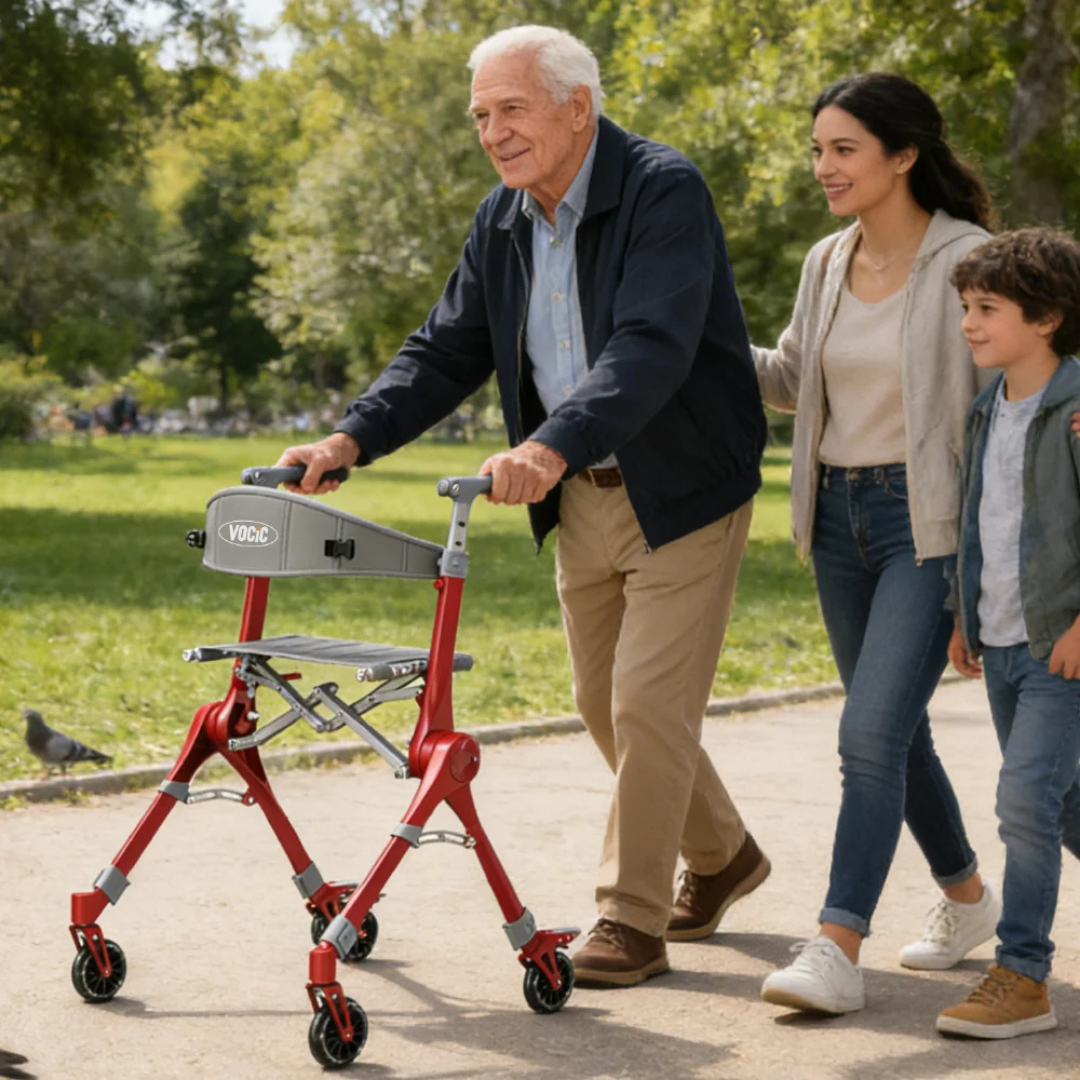 An elderly man using the Ultra-Compact PackGo Rollator Walker with Backpack | VOCIC Z35 smiles as he strolls through a park, accompanied by a woman and a young boy. They look happy, enjoying a sunny day outdoors amidst lush greenery.
