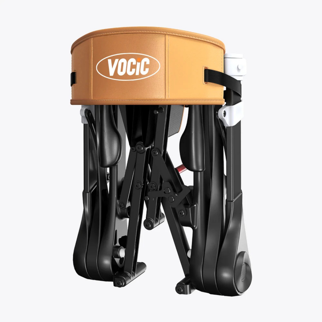 Folded black and tan portable massage chair with VOCIC logo on the headrest, displayed against a plain white background—an ideal travel companion for your Ultra-Compact PackGo Rollator Walker with Backpack | VOCIC Z35.