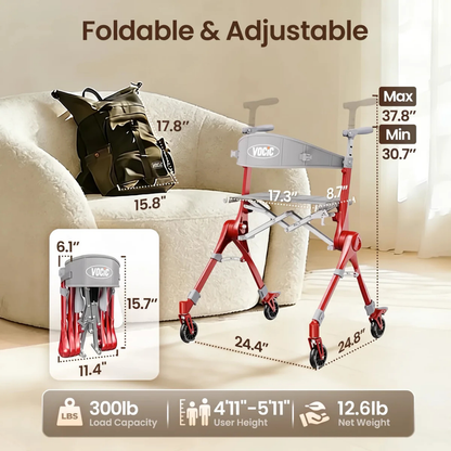 The Ultra-Compact PackGo Rollator Walker with Backpack | VOCIC Z35 in bold red is featured in a living room, clearly presenting its size dimensions. Folded compactly next to a green backpack on a beige chair, this VOCIC Z35 walker highlights exceptional portability and convenience. Icons indicate its 300lb weight capacity, suitability for individuals from 4′11″ to 5′11″ tall, and an impressively light net weight of only 12.6lb.