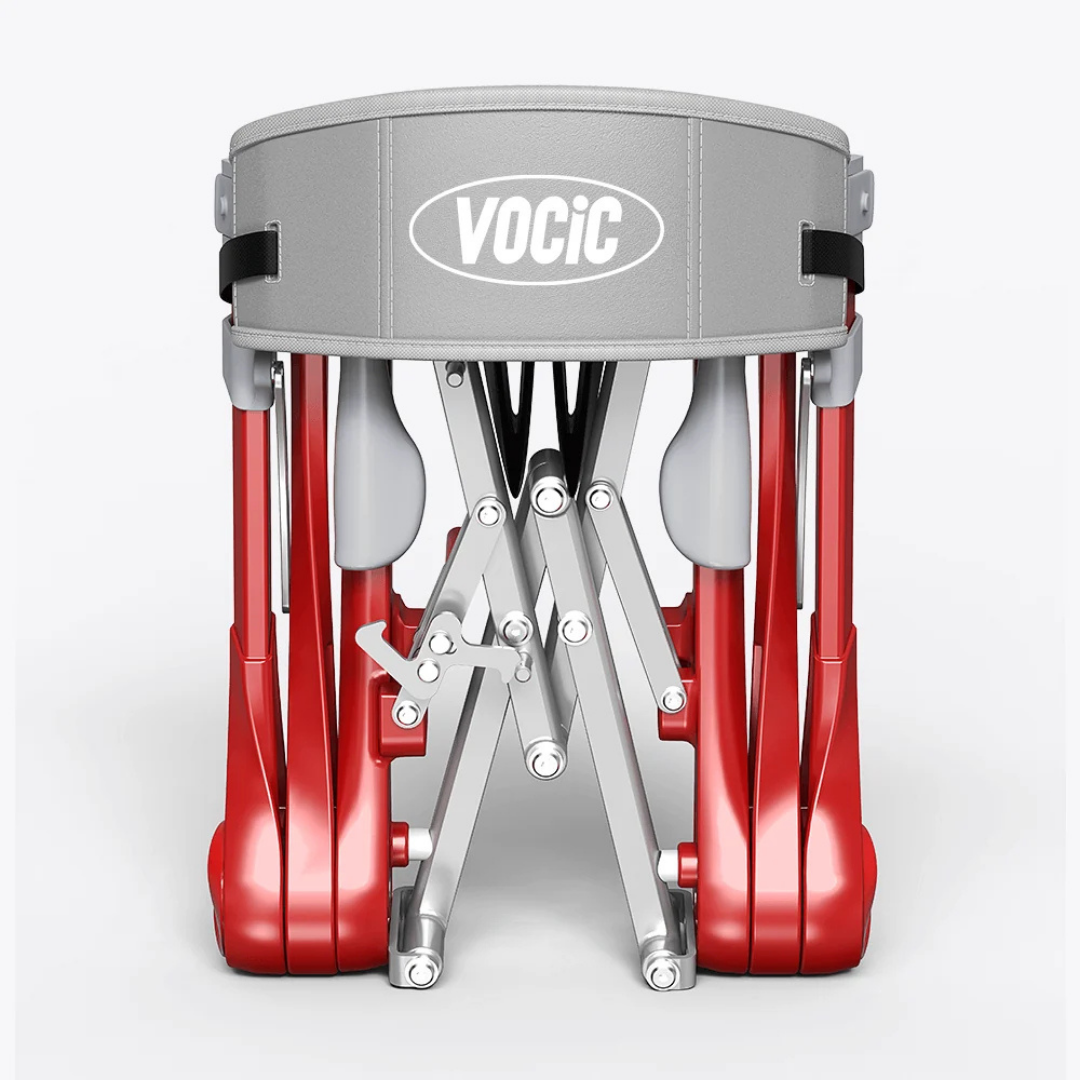 A folded red and gray portable chair with the brand name VOCIC on the gray backrest, featuring exposed metal support structures—ideal for pairing with your Ultra-Compact PackGo Rollator Walker with Backpack | VOCIC Z35 for added comfort and convenience on the go.