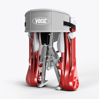A compact, foldable stool with gray cushioning labeled VOCIC and metallic red and silver legs—designed for portability and easy storage—makes the perfect companion accessory for your Ultra-Compact PackGo Rollator Walker with Backpack or VOCIC Z35 Ultra-Lightweight Rollator Walker.