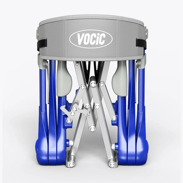 A folded blue and gray portable seat with visible metal legs and support structure, labeled “Ultra-Compact PackGo Rollator Walker with Backpack | VOCIC Z35,” shown from the front.