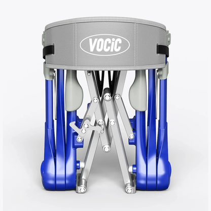 A folded blue and gray portable seat with visible metal legs and support structure, labeled “Ultra-Compact PackGo Rollator Walker with Backpack | VOCIC Z35,” shown from the front.