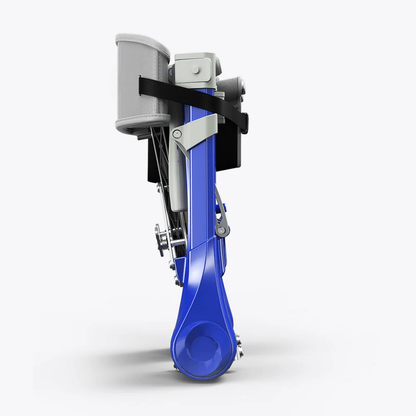 An Ultra-Compact PackGo Rollator Walker with Backpack (VOCIC Z35) in blue, equipped with a cylindrical gray attachment, black strap, and visible gears, stands upright against a plain white background.