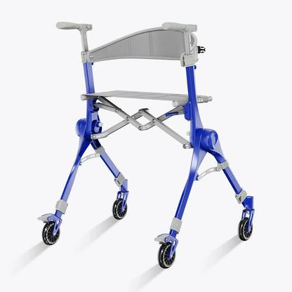 The Ultra-Compact PackGo Rollator Walker with Backpack | VOCIC Z35 is a lightweight blue mobility walker featuring four wheels, a foldable frame, ergonomic handles, and a gray seat with backrest, providing comfort and convenience for everyday use.
