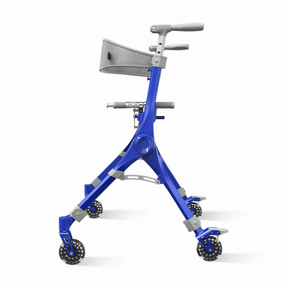 A sleek blue and gray Ultra-Compact PackGo Rollator Walker with Backpack | VOCIC Z35, featuring four caster wheels, a padded handlebar, and a small attached pouch, displayed in side profile against a white background.