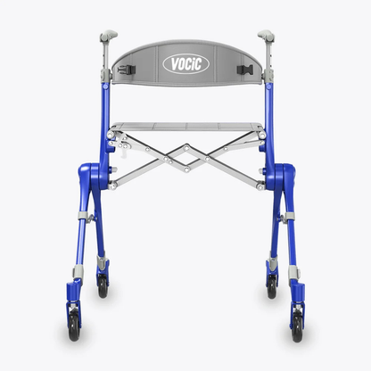A blue and silver Ultra-Compact PackGo Rollator Walker with Backpack | VOCIC Z35, featuring a gray seat back labeled “VOCIC,” is shown from the front against a plain white background.
