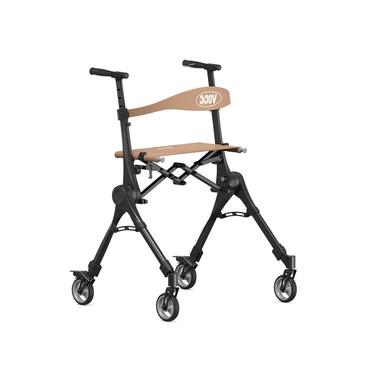 Lightweight, foldable black Ultra Travel Pack Carbon Fiber Rolling Walker | VOCIC Z65 with four wheels and tan-colored seat and backrest, designed for children or infants; features the Joovy logo on the backrest. Ideal as a travel walker for families on the go, this product combines convenience with stylish comfort.