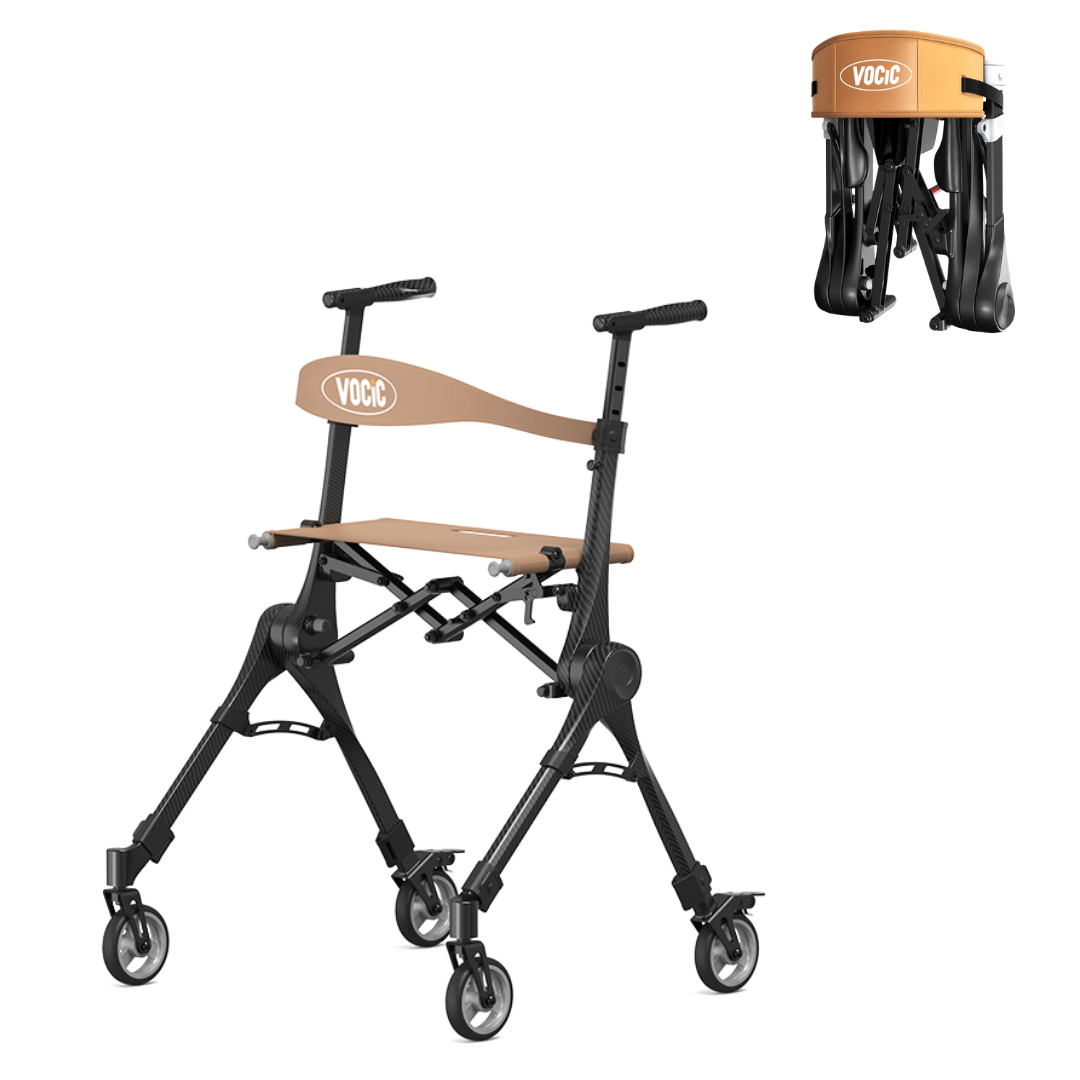 Experience the Ultra Travel Pack Carbon Fiber Rolling Walker | VOCIC Z65—a foldable black and tan rollator with a seat and four wheels. Designed for convenience, this lightweight walker is shown compactly folded in the inset, making storage or transport effortless.