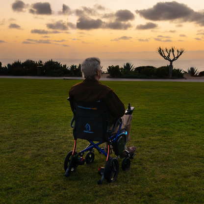 An elderly person in a Forcemech Ultralite G20 PRO Carbon-Fiber Power Wheelchair sits on a grassy lawn facing the ocean at sunset, with trees and clouds visible in the background.