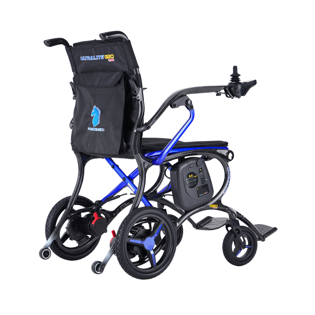 The Forcemech Ultralite G20 PRO Carbon-Fiber Power Wheelchair is a lightweight electric wheelchair featuring a black seat, blue frame, four wheels, rear storage pouch, and joystick control. It showcases a blue horse logo device attached to the back and combines sleek design with the durability of carbon fiber.