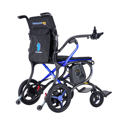 The Forcemech Ultralite G20 PRO Carbon-Fiber Power Wheelchair is a lightweight electric wheelchair featuring a black seat, blue frame, four wheels, rear storage pouch, and joystick control. It showcases a blue horse logo device attached to the back and combines sleek design with the durability of carbon fiber.