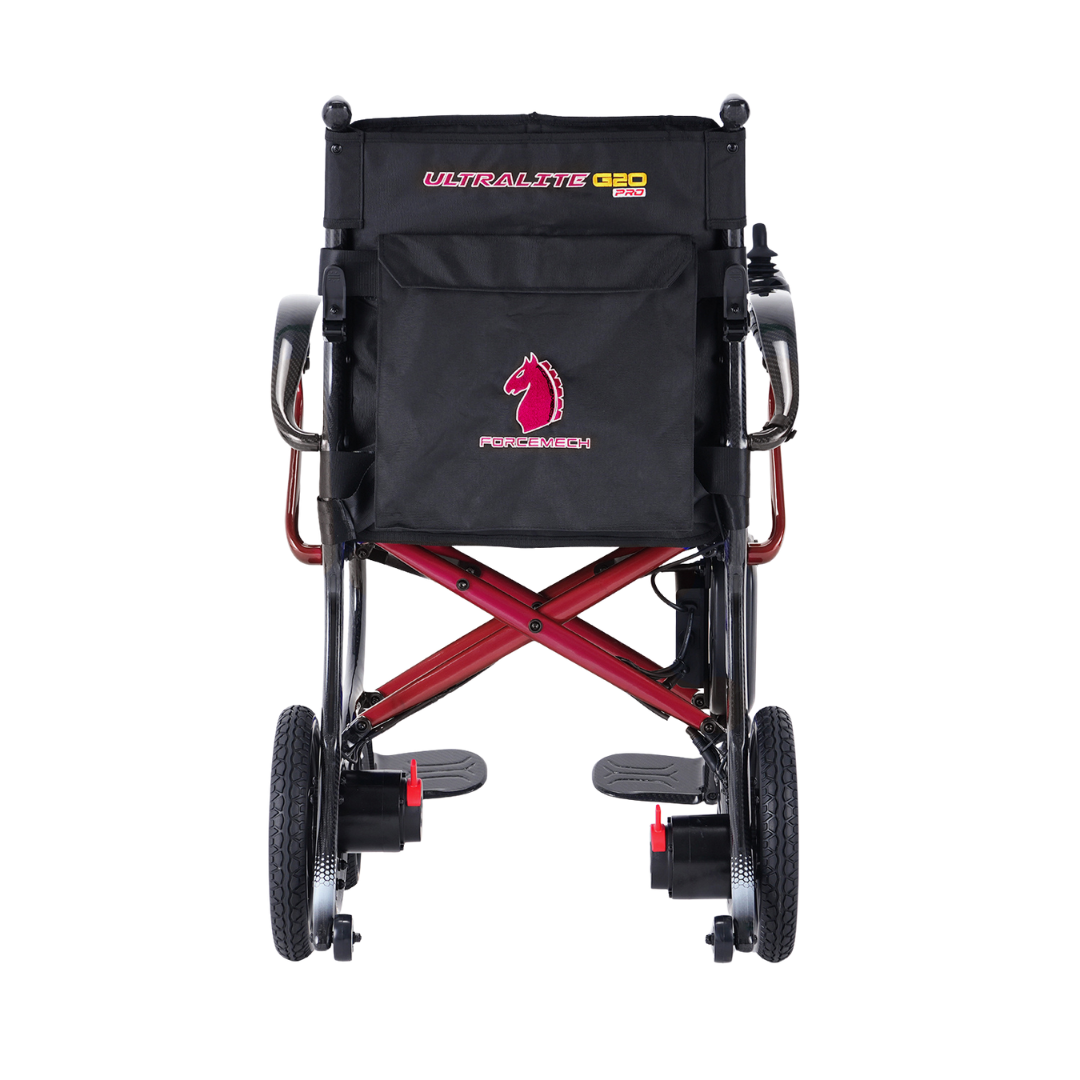 A lightweight, black folding wheelchair viewed from the rear, featuring a “Forcemech Ultralite G20 PRO Carbon-Fiber Power Wheelchair” label and a red horse head logo on the back storage pouch. The frame, inspired by Forcemech’s carbon-fiber power wheelchair designs, showcases striking red and black accents.