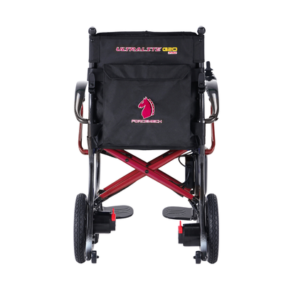 A lightweight, black folding wheelchair viewed from the rear, featuring a “Forcemech Ultralite G20 PRO Carbon-Fiber Power Wheelchair” label and a red horse head logo on the back storage pouch. The frame, inspired by Forcemech’s carbon-fiber power wheelchair designs, showcases striking red and black accents.
